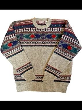 Vintage 90s Wool Fair Isle Ski Sweater Nordic Unisex Gray Size L